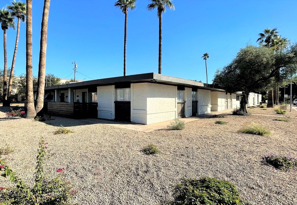a small white and black house with palm trees
