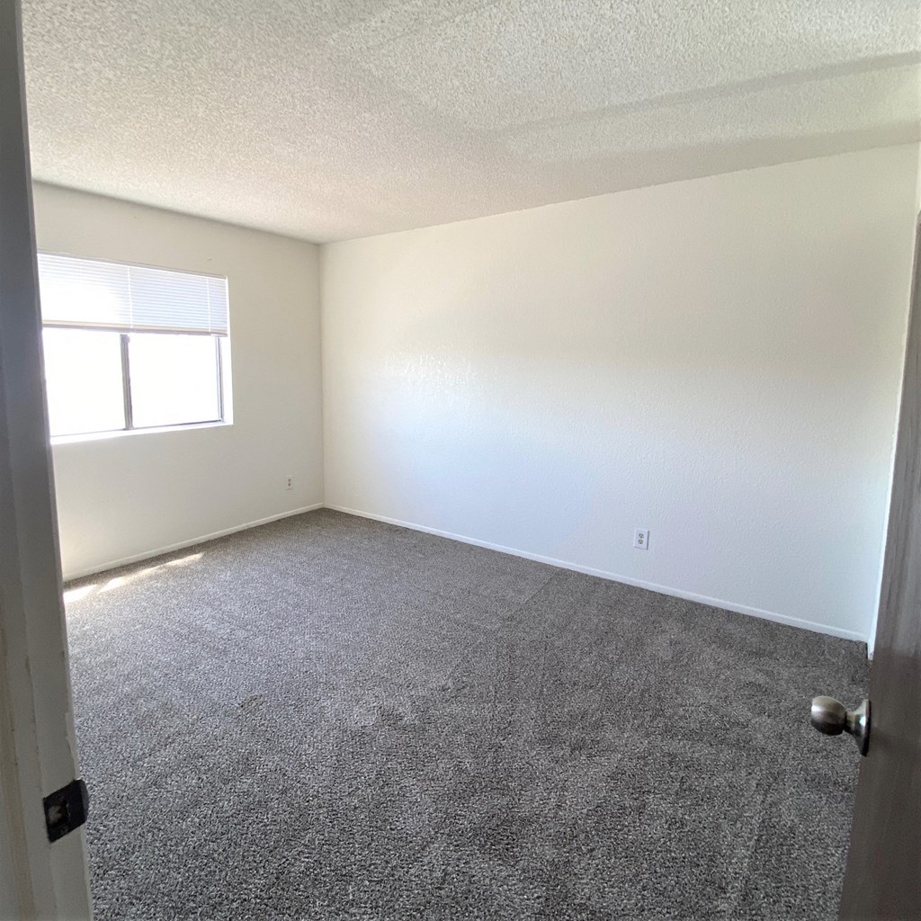 an empty room with carpet and a window