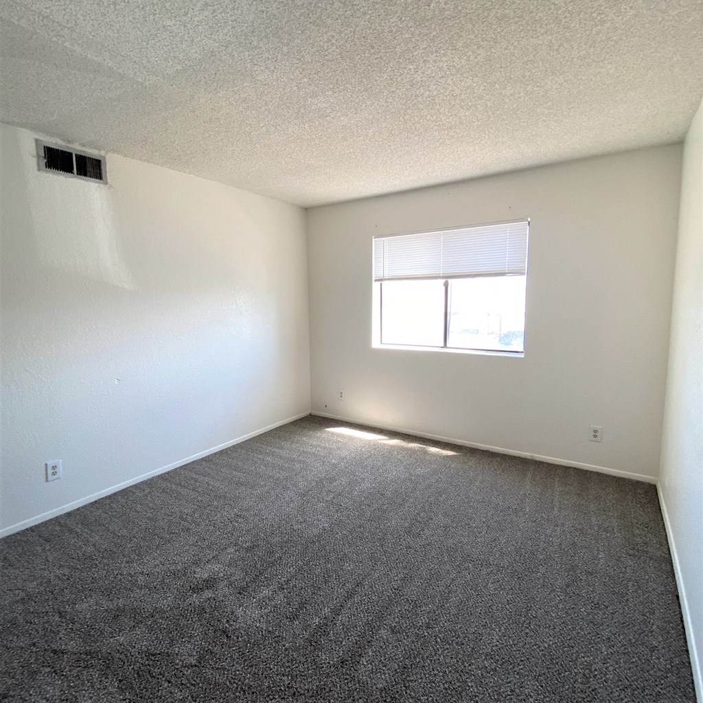 an empty room with carpet and a window
