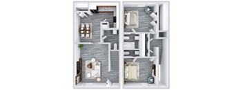 a 3d rendering of a bedroom and a living room with different floor plans