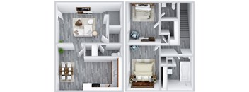 the layouts of bedrooms and living room in a 3d floor plan