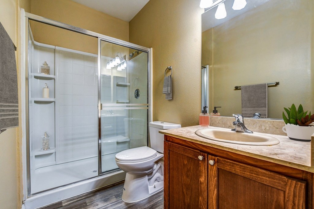 a bathroom with a sink toilet and shower