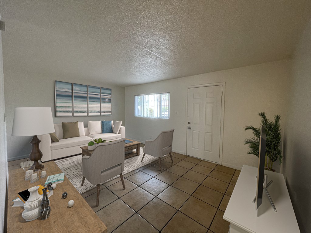 a living room with a couch and a table