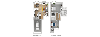 a stylized floor plan of a house with a car in the second floor