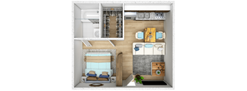 a 3d rendering of a bedroom with a closet and a bathroom