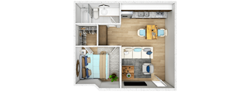 a 3d rendering of a bedroom with a bathroom and a living room