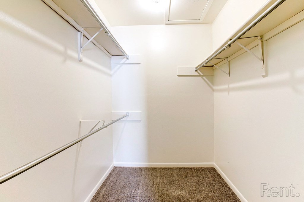 a walk in closet with white walls and shelves and a carpeted floor