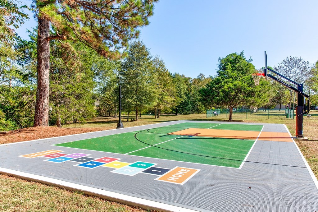 a basketball court in a park with trees