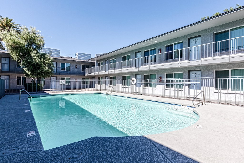 our apartments have a large pool and a building with balconies