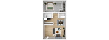 an overhead view of a house with a bedroom and a living room