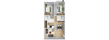 a 3d rendering of a bedroom and living room