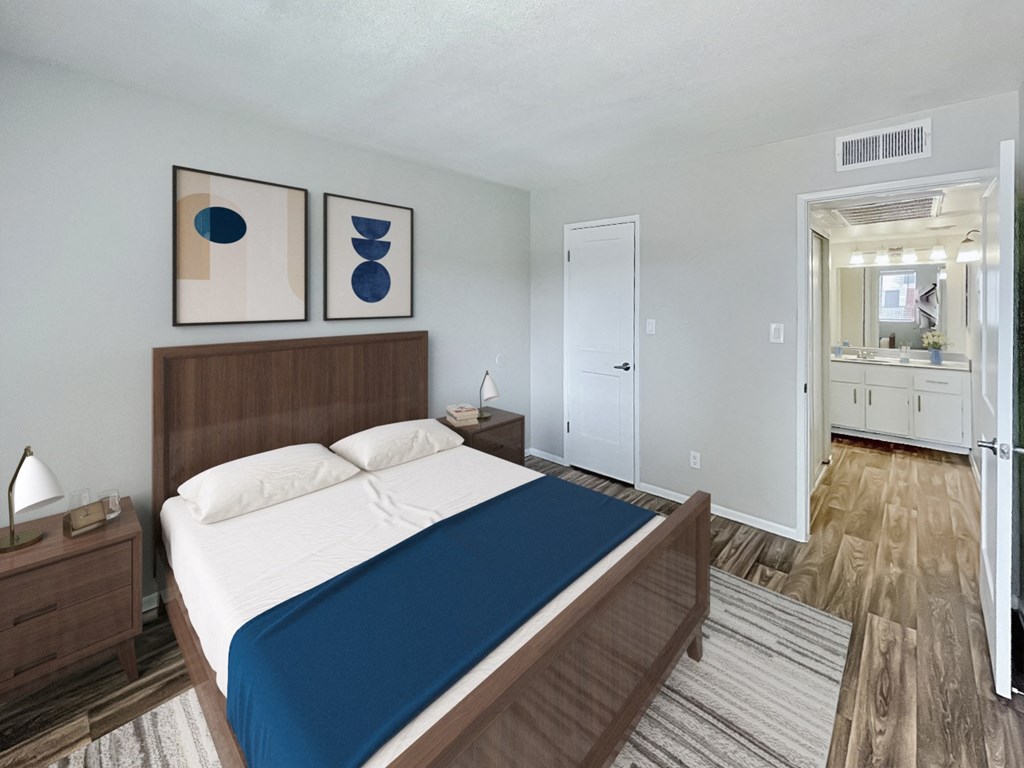 the preserve at ballantyne commons bedroom with bed and bathroom