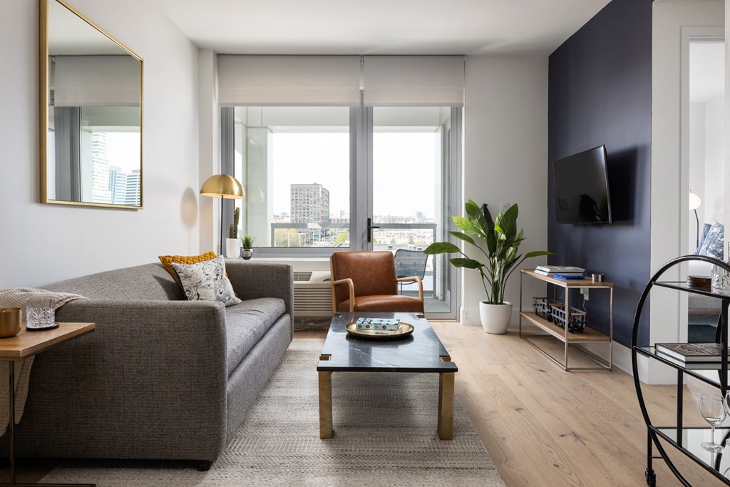 a living room with a couch and a coffee table