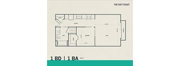 A floor plan for a one bedroom, one bath apartment.