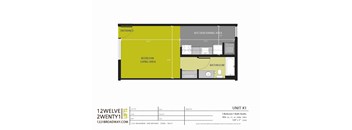 A floor plan for a 1 bedroom apartment with a living area, kitchen/dining area, and bathroom.