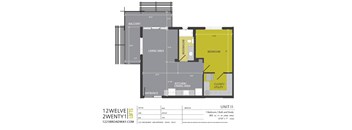 A floor plan for a 1 bedroom, bath and study apartment.