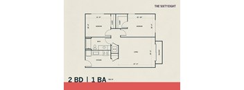 A floor plan for a sixty-eight property with two bedrooms, one bathroom, a kitchen, and a living room.