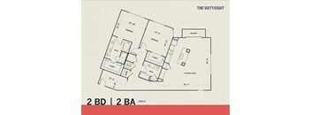 Two bedroom two bathroom floor plan at THE'68 Apartments, Texas
