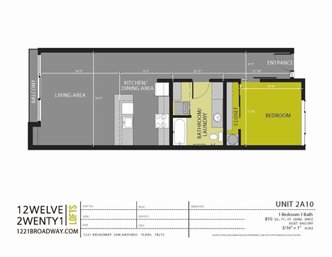 A floor plan for a 1 bedroom apartment at 1221 broadway in san antonio texas.