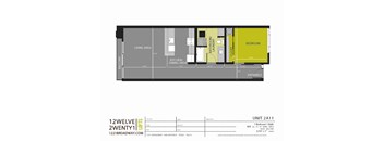 A floor plan for a 1 bedroom, 1 bathroom apartment at 1221 Broadway San Antonio Texas.