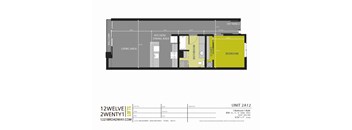A floor plan of an apartment with a living area, kitchen, dining area, bathroom, and bedroom.