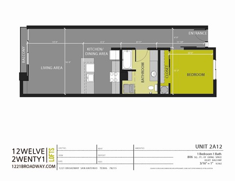 A floor plan of an apartment with a living area, kitchen, dining area, bathroom, and bedroom.