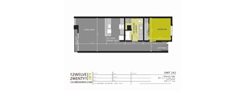 A floor plan for an apartment with a living area, kitchen/dining area, bathroom/laundry, and a bedroom.