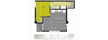 A floor plan of a 1 bedroom apartment with a living area, kitchen/dining area, and bathroom.