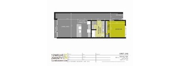 A floor plan for an apartment with a living area, kitchen/dining area, bathroom, bedroom, and closet.