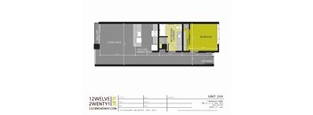 A floor plan of an apartment with a living area, kitchen/dining area, laundry, and bedroom.