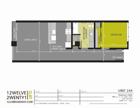 A floor plan of an apartment with a living area, kitchen/dining area, laundry, and bedroom.