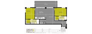 A floor plan for a 2 bedroom, 2 bathroom apartment.