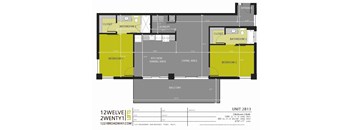 A floor plan of a two bedroom apartment with a living area, kitchen/dining area, and two bathrooms.