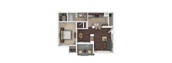 A floor plan of a small apartment with a kitchen, living room, and bathroom.