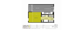 A floor plan of a one bedroom apartment with a bathroom and living area.