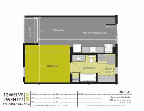 A floor plan of a one bedroom apartment with a bathroom and living area.