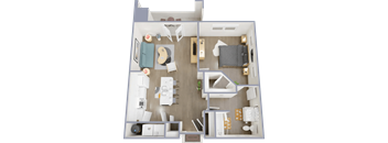 A 3D floor plan of a small apartment with a kitchen, living room, and bedroom.