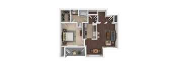 A floor plan of a house with a kitchen, living room, and two bedrooms.