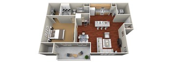 A 3D floor plan of a house with a kitchen, living room, and bathroom.