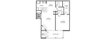 A floor plan of a small apartment with a kitchen, bathroom, and living room.