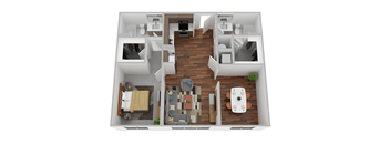 A 3D floor plan of a small apartment with a living room, kitchen, and bedroom.