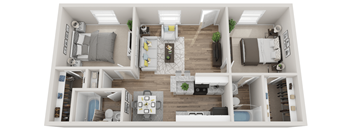 A top-down view of a modern apartment layout with a kitchen, living room, and bedrooms.