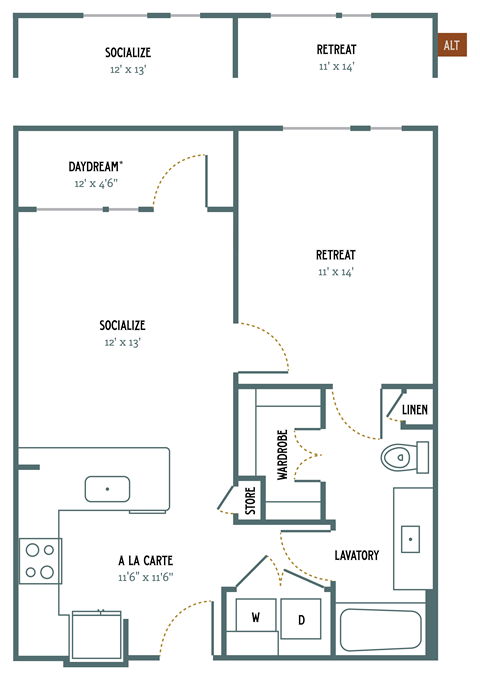 A1 - 1 Bedroom 1 Bath 674 Sq. Ft. Floor Plan at Gatsby on Ross, Texas, 75204