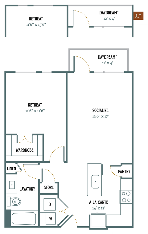 A3 - 1 Bedroom 1 Bath 770 Sq. Ft. Floor Plan at Gatsby on Ross, Dallas, TX