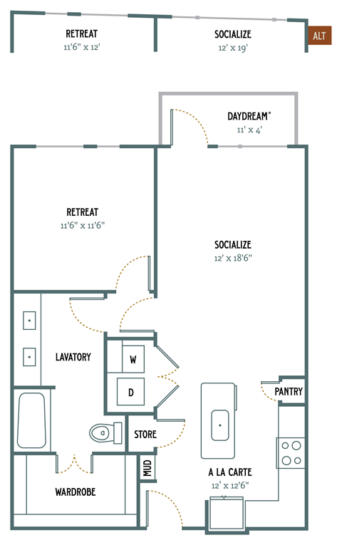A4 - 1 Bedroom 1 Bath 832 Sq. Ft. Floor Plan at Gatsby on Ross, Dallas, 75204