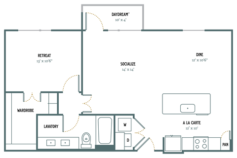 A5 - 1 Bedroom 1 Bath 856 Sq. Ft. Floor Plan at Gatsby on Ross, Dallas, Texas