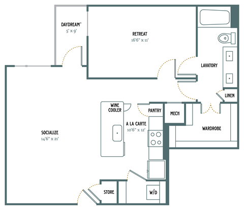 A6 - 1 Bedroom 1 Bath 928 Sq. Ft. Floor Plan at Gatsby on Ross, Dallas