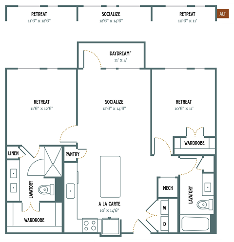 B1 - 2 Bedroom 2 Bath 1,010 Sq. Ft. Floor Plan at Gatsby on Ross, Texas, 75204