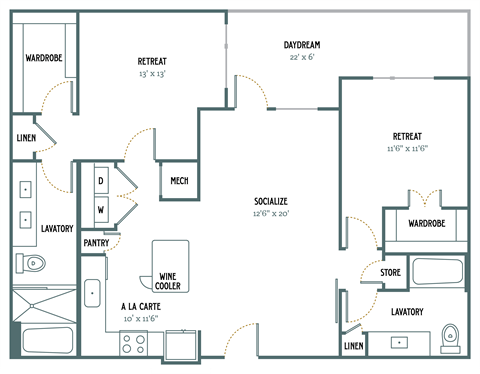 B3 - 2 Bedroom 2 Bath 1,198 Sq. Ft. Floor Plan at Gatsby on Ross, Dallas, 75204