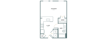 E1 Studio 523 Sq. Ft. Floor Plan at Gatsby on Ross, Dallas, Texas